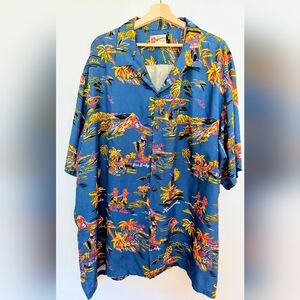 Vintage Hilo Hattie Hawaiian Shirt Size 4XL Blue Hula Girls Nuuanu Pali 70s Rare